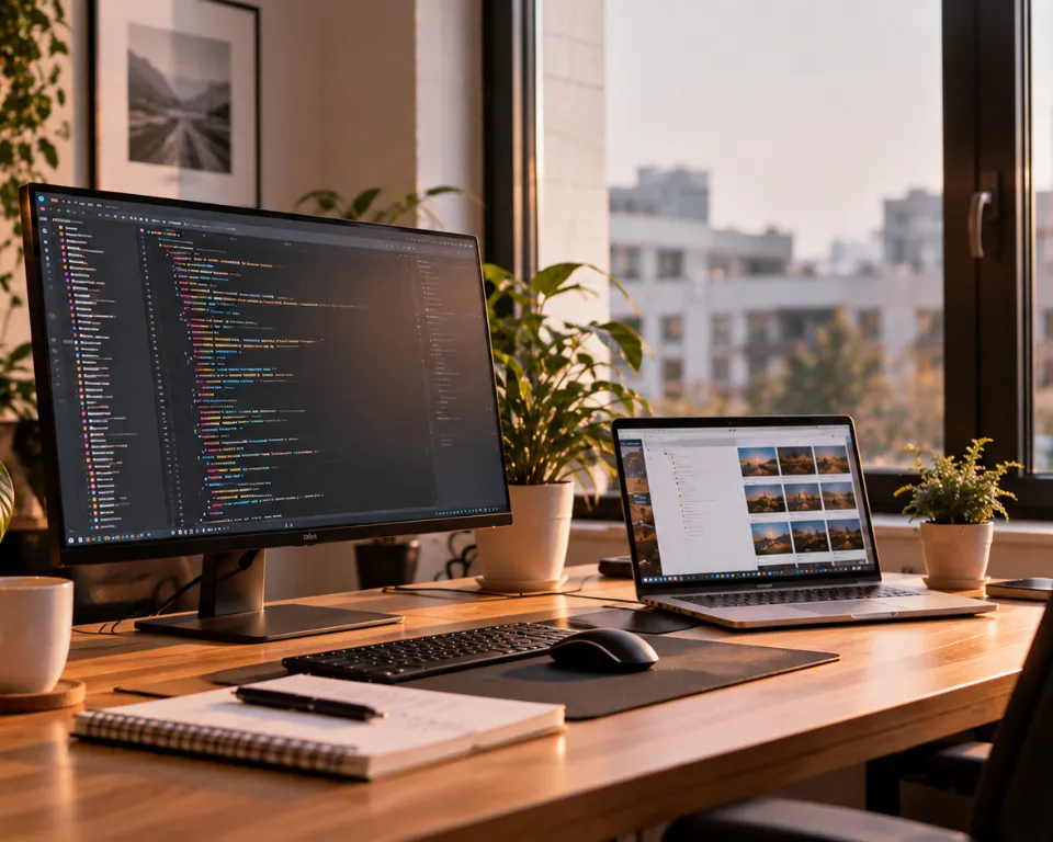 Warm developer workspace with a monitor, laptop and plants beside a window.