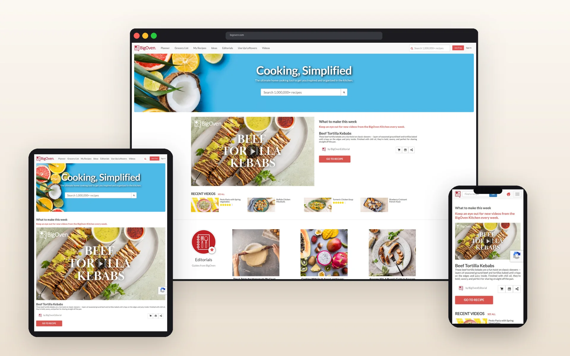 Responsive BigOven homepage displayed across desktop, tablet, and mobile device mockups.