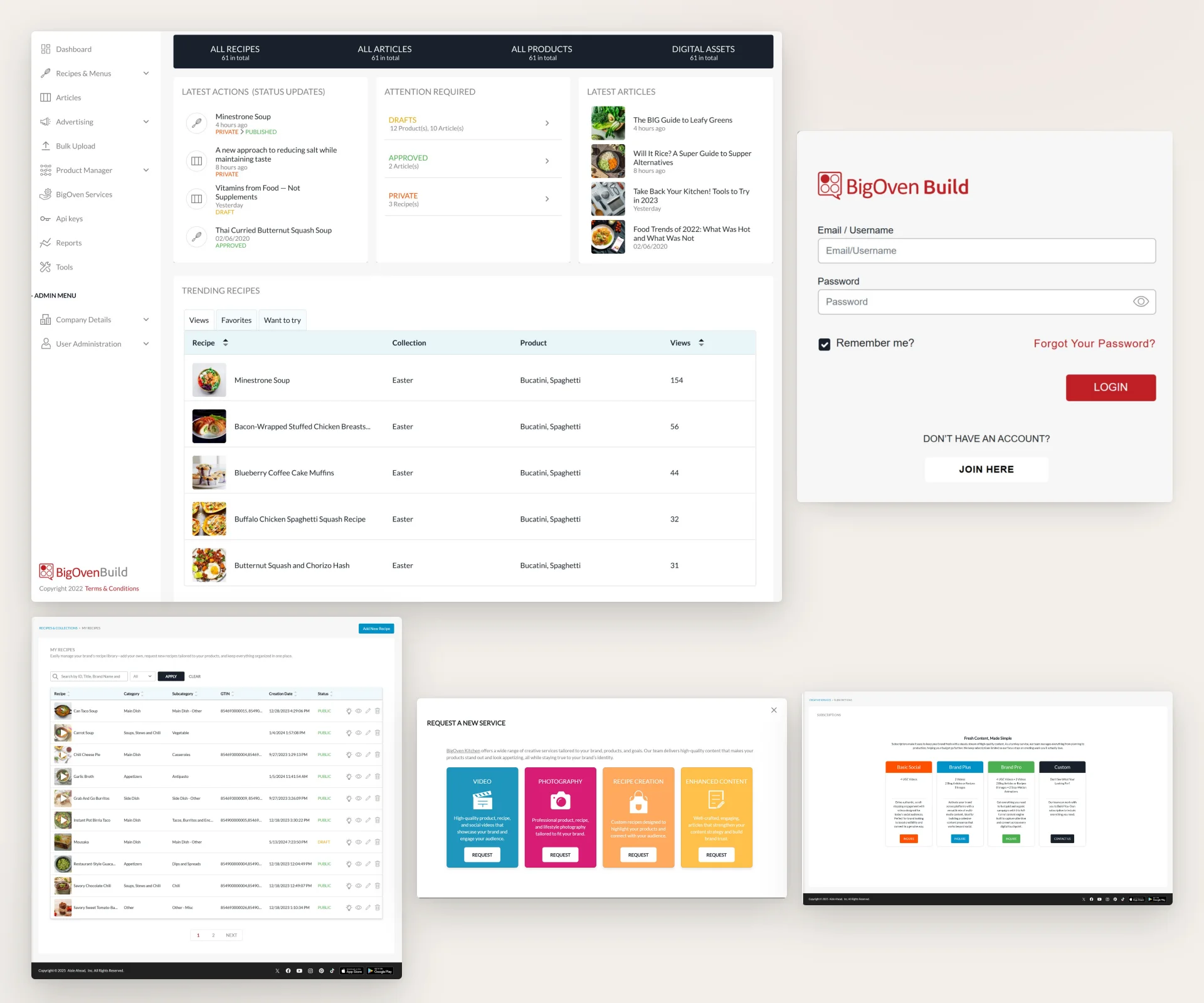 BigOven Build content management dashboard displaying recent activity, articles, trending recipes, and the platform login interface.