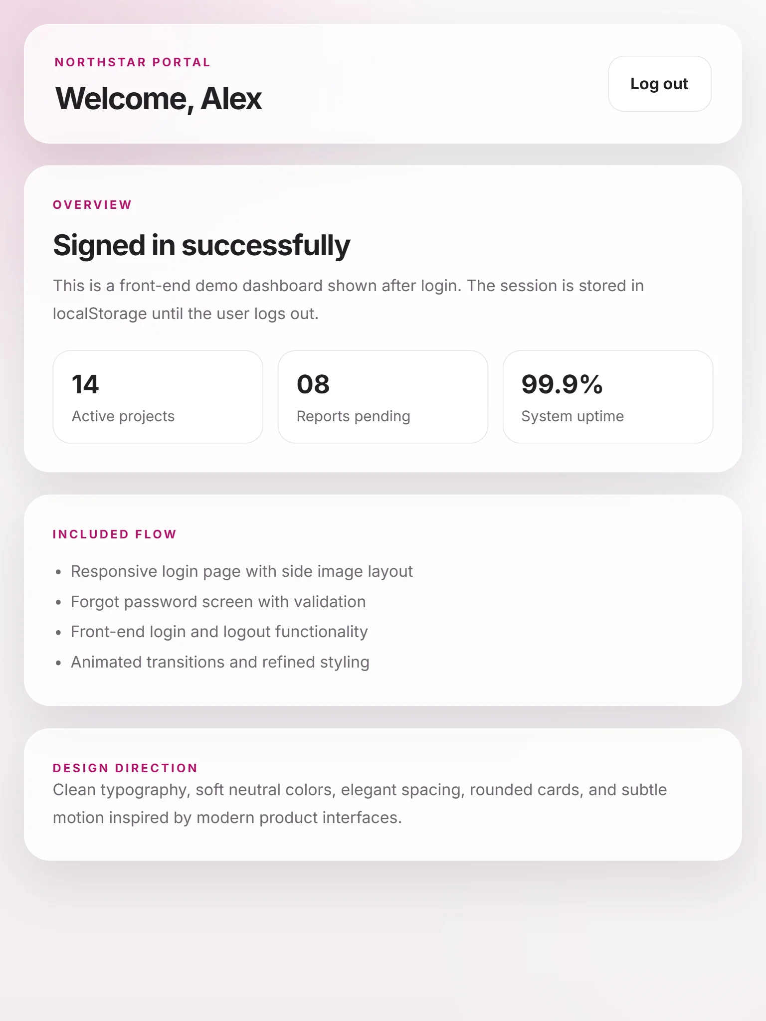 Northstar Portal dashboard showing a welcome message, authentication status, and overview cards after successful login.