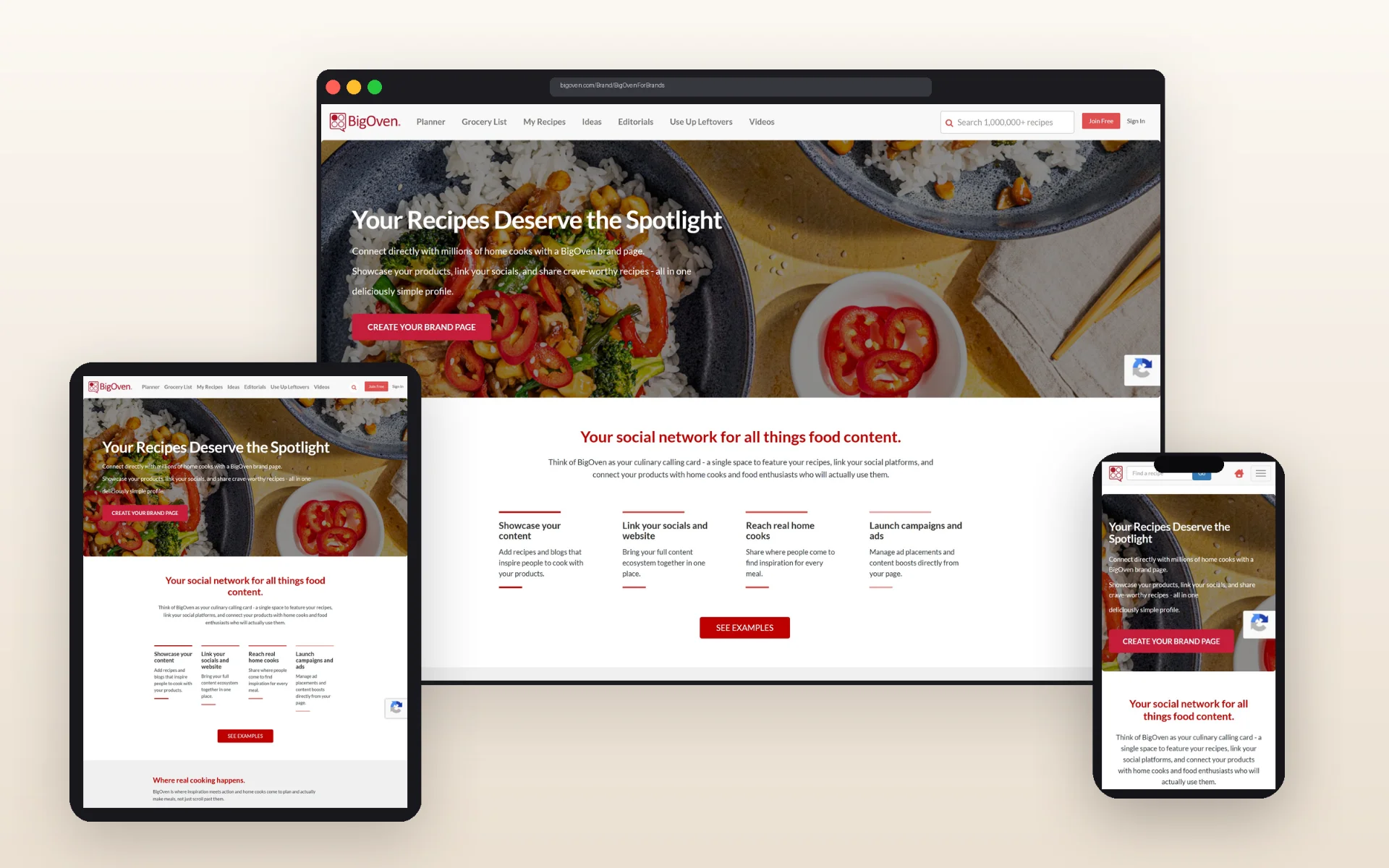 BigOven For Brands responsive B2B landing page displayed on desktop, tablet, and mobile devices.
